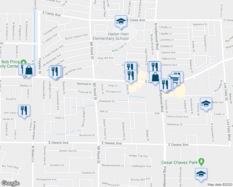 map of restaurants, bars, coffee shops, grocery stores, and more near 6435 Strongbow Drive in Las Vegas