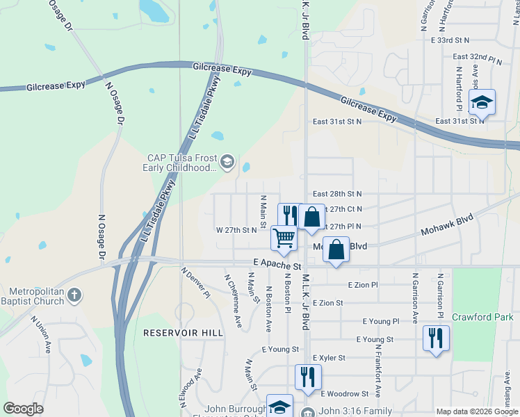 map of restaurants, bars, coffee shops, grocery stores, and more near 2745 North Boulder Avenue in Tulsa