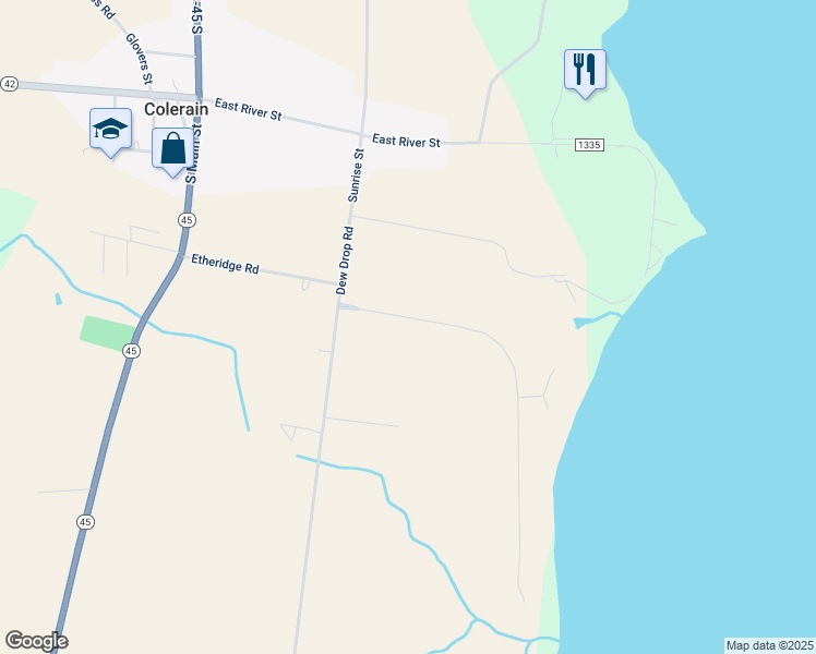 map of restaurants, bars, coffee shops, grocery stores, and more near 116 Chowan Shores Drive in Colerain