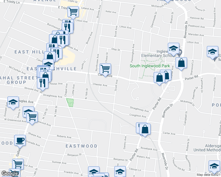 map of restaurants, bars, coffee shops, grocery stores, and more near 1414 Chester Avenue in Nashville