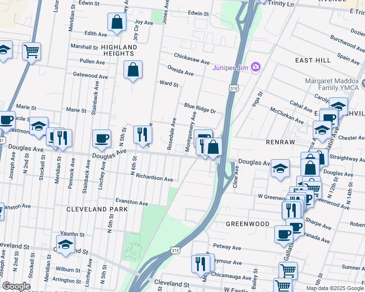map of restaurants, bars, coffee shops, grocery stores, and more near 1307 Rosedale Avenue in Nashville