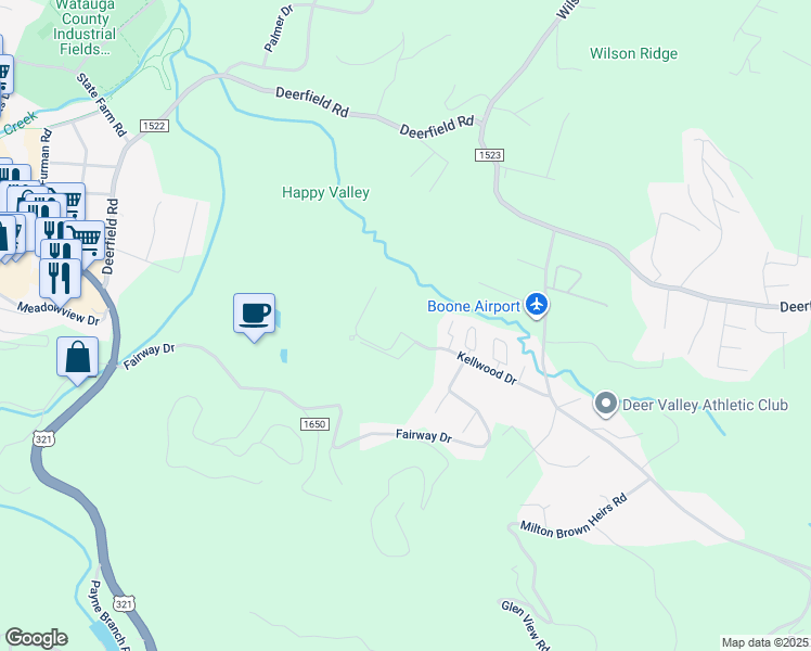 map of restaurants, bars, coffee shops, grocery stores, and more near 134 Village Drive in Boone