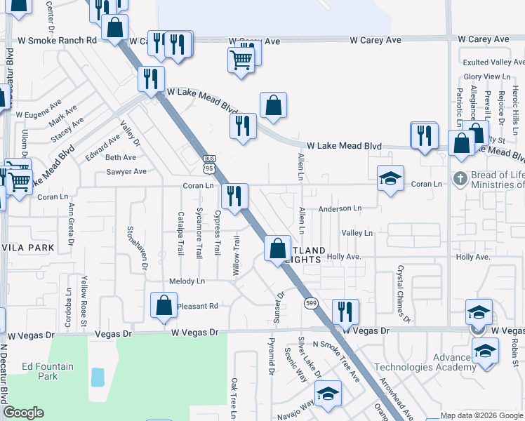 map of restaurants, bars, coffee shops, grocery stores, and more near 1964 Hydrangea Place in Las Vegas