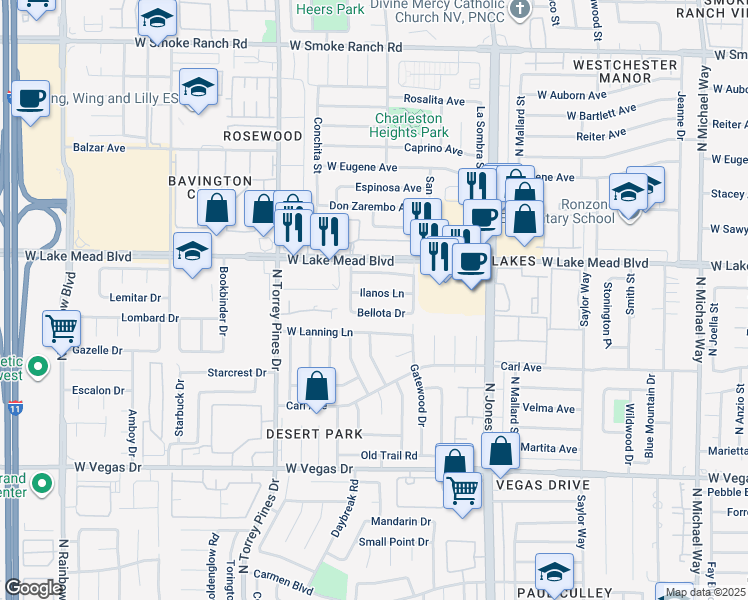 map of restaurants, bars, coffee shops, grocery stores, and more near 6233 Ilanos Lane in Las Vegas