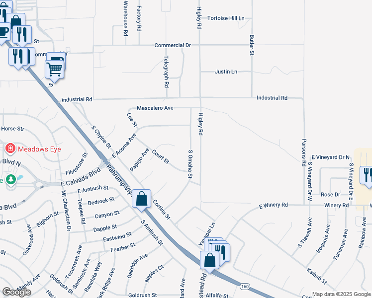 map of restaurants, bars, coffee shops, grocery stores, and more near 1760 South Omaha Avenue in Pahrump