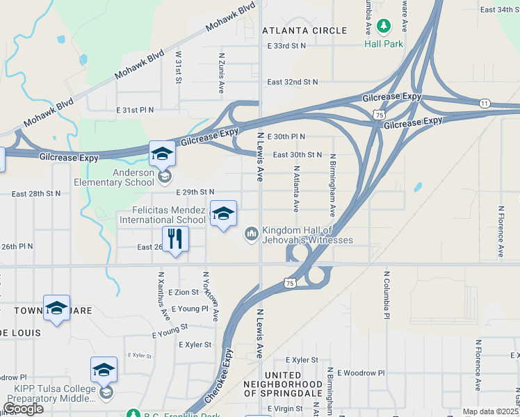 map of restaurants, bars, coffee shops, grocery stores, and more near 2802 North Lewis Avenue in Tulsa