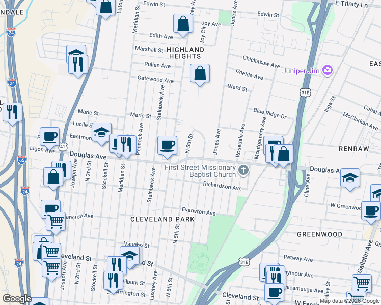 map of restaurants, bars, coffee shops, grocery stores, and more near 1311 North 5th Street in Nashville