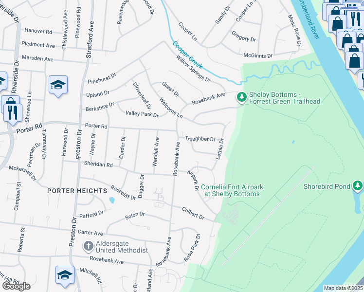 map of restaurants, bars, coffee shops, grocery stores, and more near 2605A Traughber Drive in Nashville