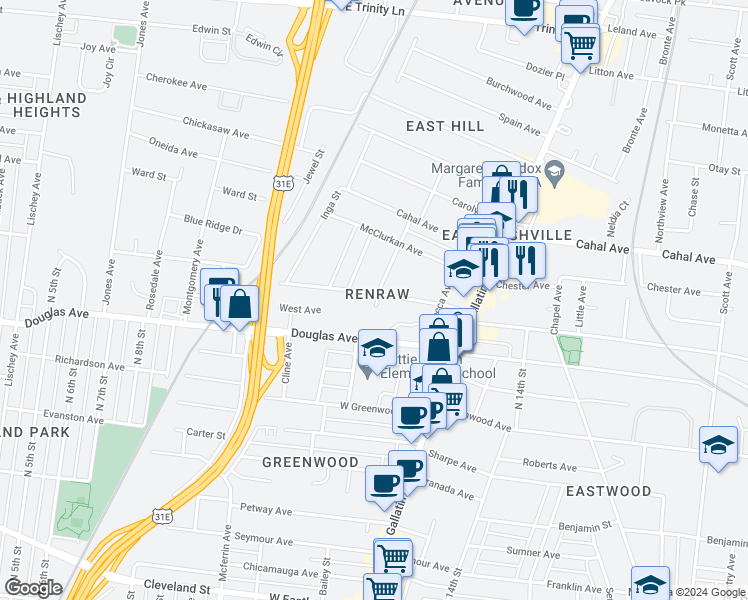 map of restaurants, bars, coffee shops, grocery stores, and more near in Nashville