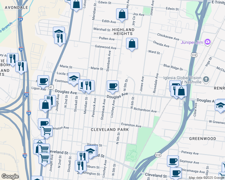 map of restaurants, bars, coffee shops, grocery stores, and more near in Nashville