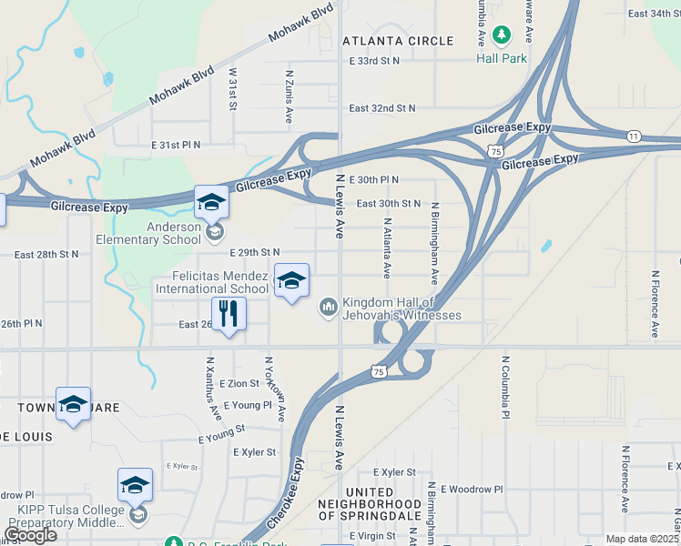 map of restaurants, bars, coffee shops, grocery stores, and more near 2819 North Lewis Avenue in Tulsa