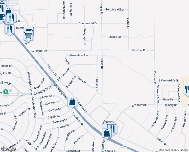 map of restaurants, bars, coffee shops, grocery stores, and more near 1760 South Omaha Avenue in Pahrump