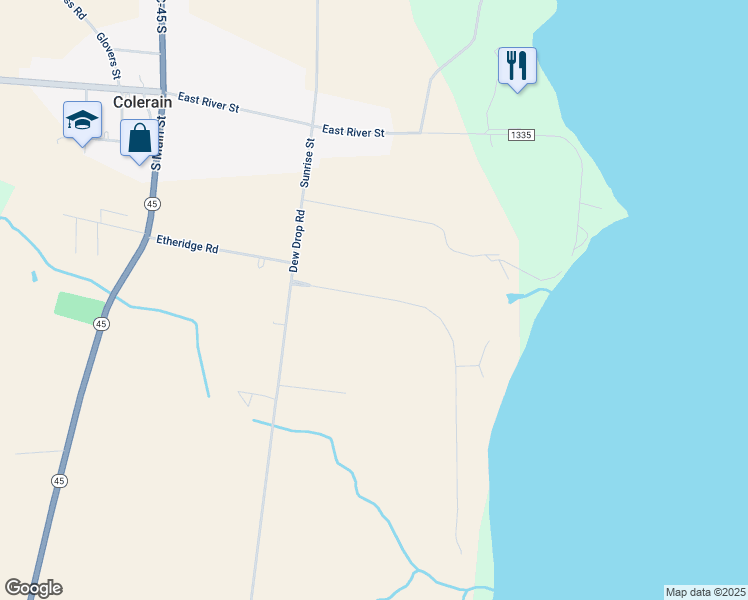 map of restaurants, bars, coffee shops, grocery stores, and more near 140 Chowan Shores Drive in Colerain