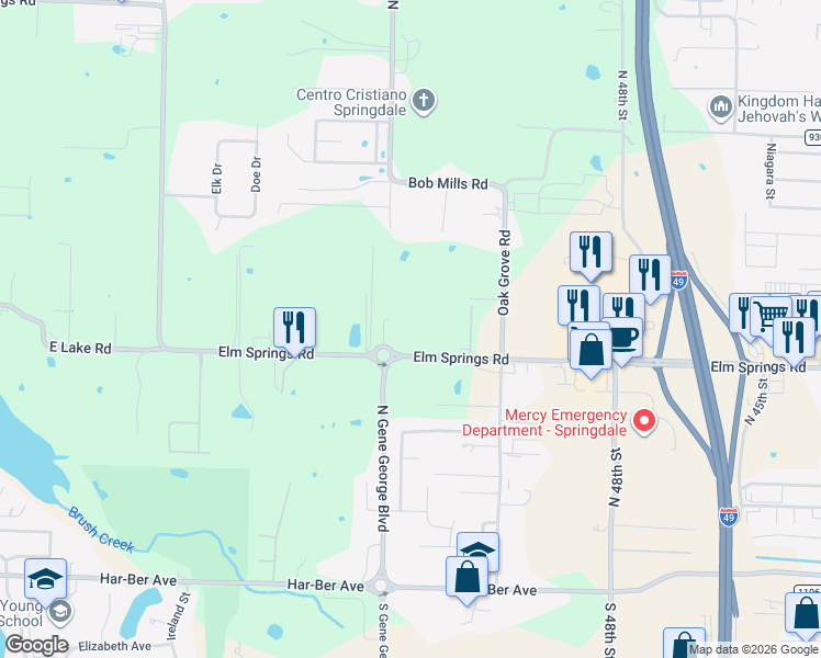 map of restaurants, bars, coffee shops, grocery stores, and more near 5516 Elm Springs Rd in Springdale
