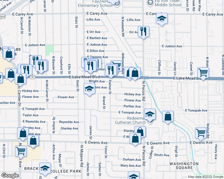 map of restaurants, bars, coffee shops, grocery stores, and more near 1908 Palmer Street in North Las Vegas