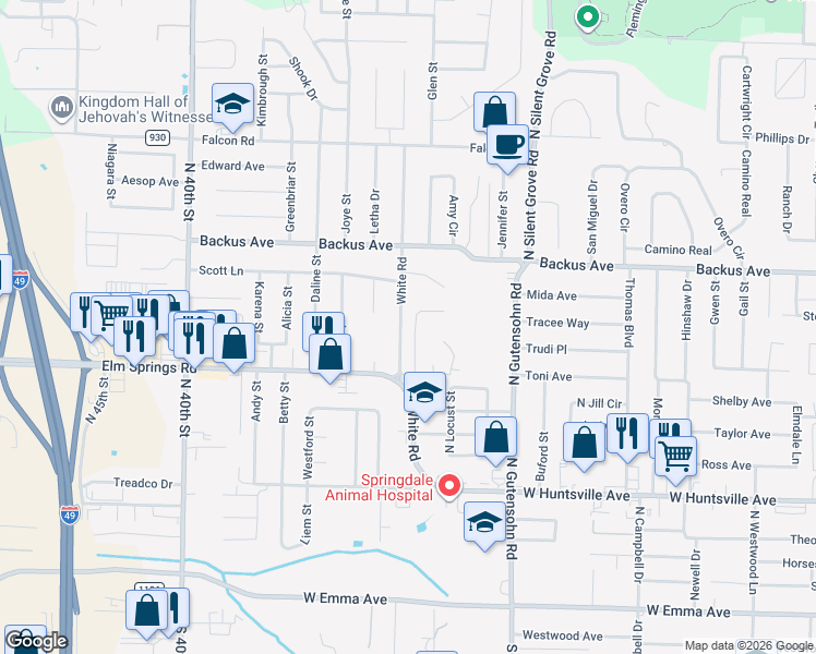 map of restaurants, bars, coffee shops, grocery stores, and more near 1103 White Road in Springdale