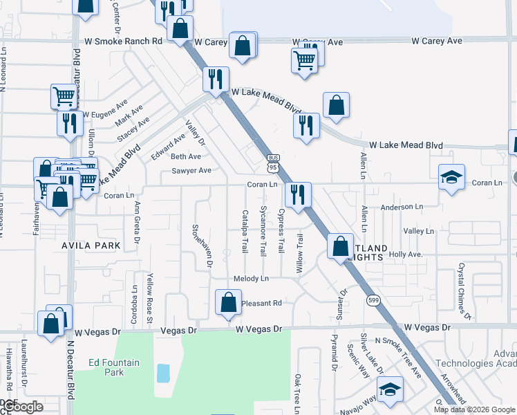 map of restaurants, bars, coffee shops, grocery stores, and more near 1963 Sycamore Trail in Las Vegas