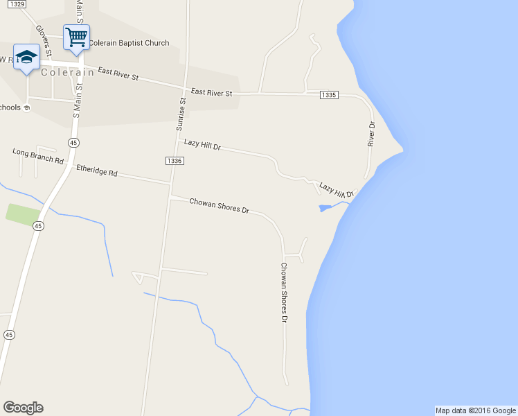 map of restaurants, bars, coffee shops, grocery stores, and more near 129 Chowan Shores Drive in Colerain