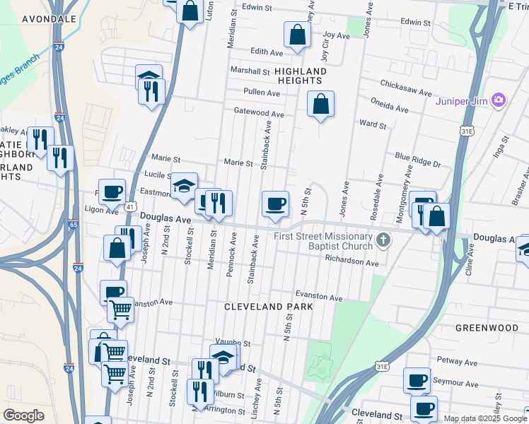 map of restaurants, bars, coffee shops, grocery stores, and more near 1314 Stainback Avenue in Nashville