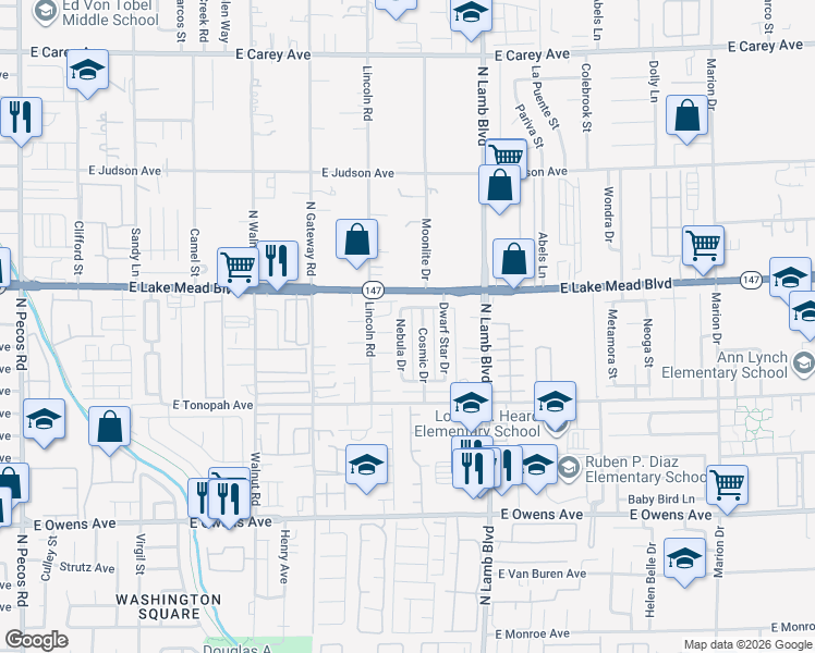map of restaurants, bars, coffee shops, grocery stores, and more near 1954 Nebula Drive in Las Vegas