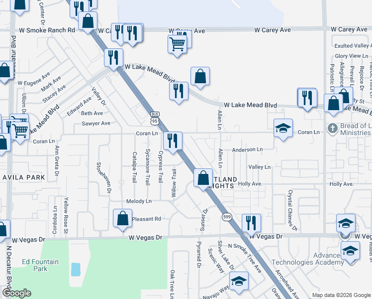 map of restaurants, bars, coffee shops, grocery stores, and more near 1967 Hydrangea Place in Las Vegas