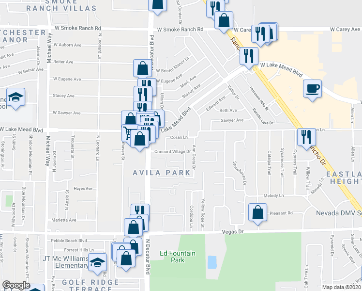 map of restaurants, bars, coffee shops, grocery stores, and more near 1920 Ridgefield Drive in Las Vegas