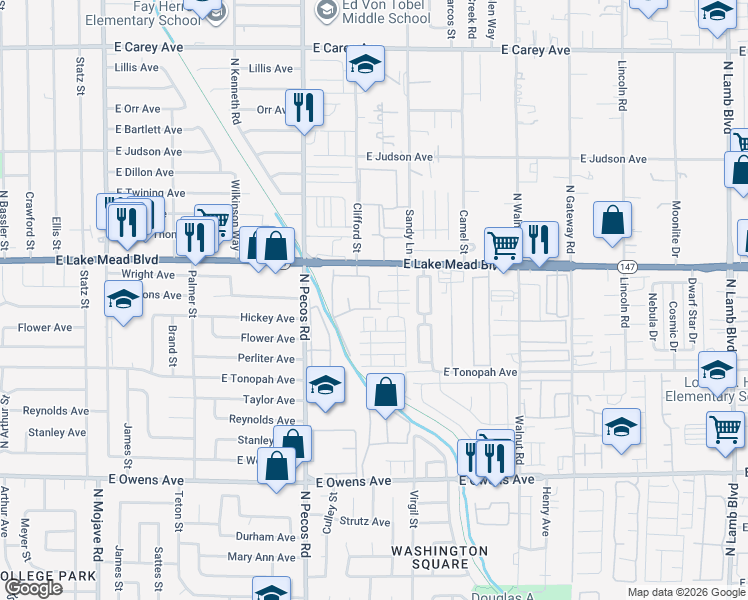 map of restaurants, bars, coffee shops, grocery stores, and more near 3652 Via Sonja Avenue in Las Vegas