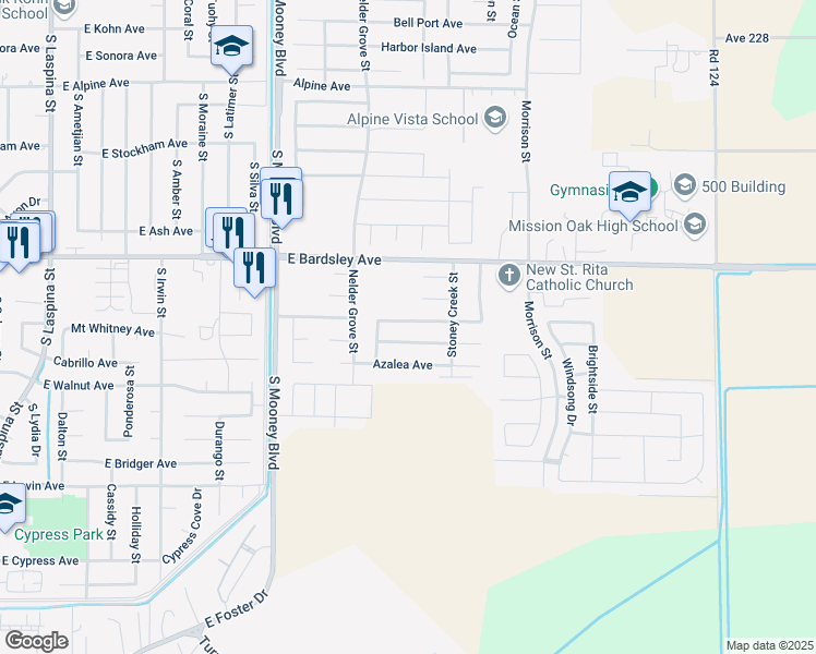 map of restaurants, bars, coffee shops, grocery stores, and more near 2679 Tecopa Avenue in Tulare