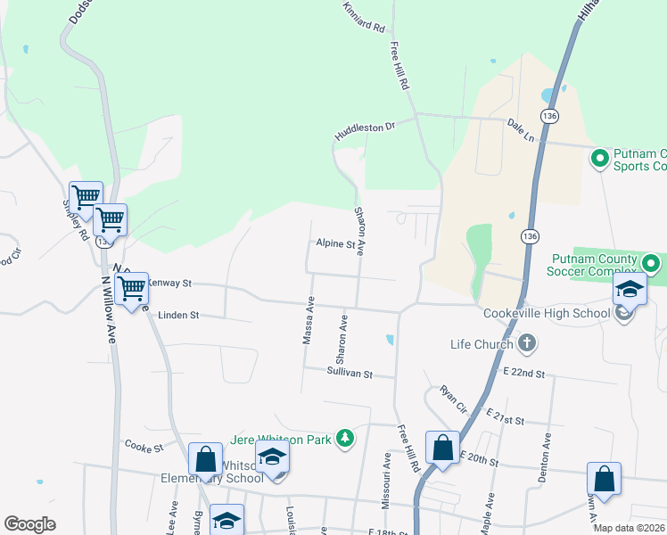 map of restaurants, bars, coffee shops, grocery stores, and more near 328 Wedgewood Street in Cookeville