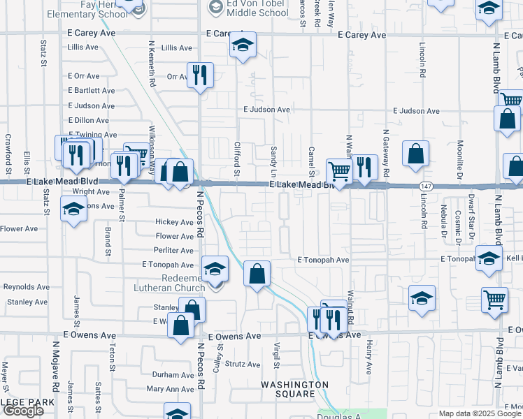 map of restaurants, bars, coffee shops, grocery stores, and more near 3662 Via Mariposa Avenue in Las Vegas