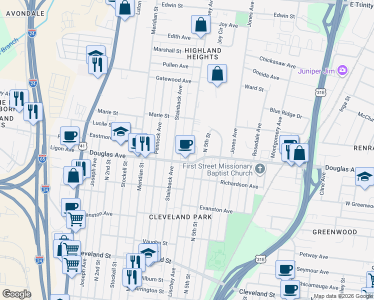 map of restaurants, bars, coffee shops, grocery stores, and more near in Nashville
