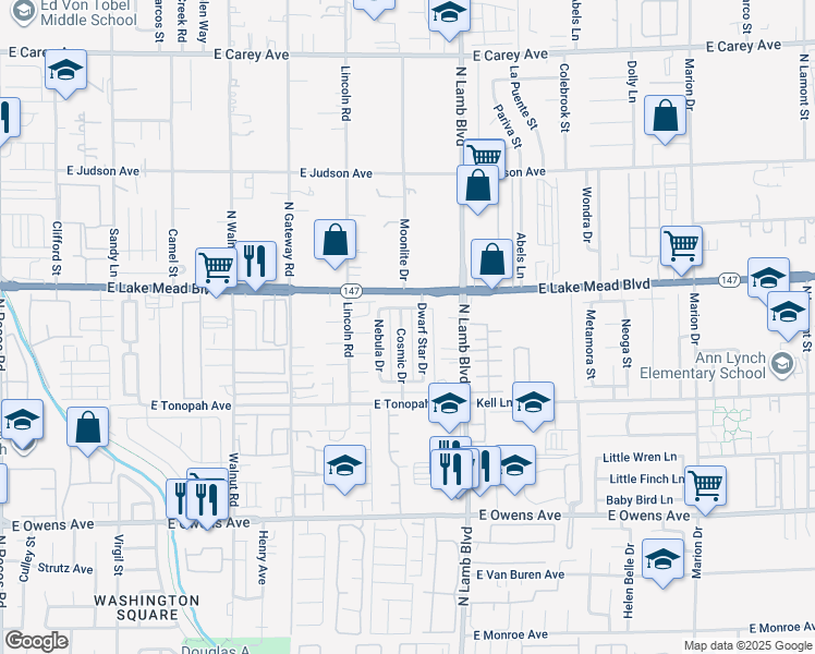 map of restaurants, bars, coffee shops, grocery stores, and more near 1956 Cosmic Drive in Las Vegas