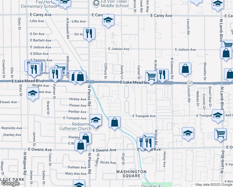 map of restaurants, bars, coffee shops, grocery stores, and more near 3662 Via Mariposa Avenue in Las Vegas
