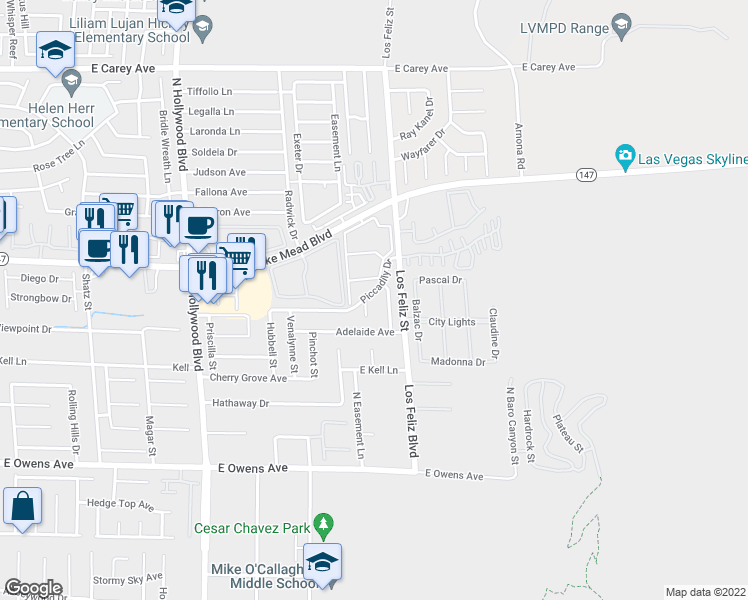 map of restaurants, bars, coffee shops, grocery stores, and more near 2001 Whiton Street in Las Vegas