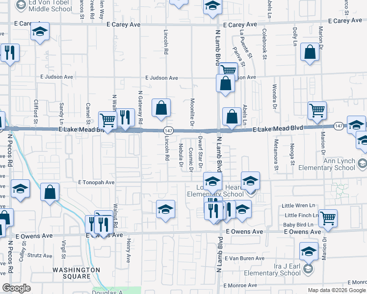 map of restaurants, bars, coffee shops, grocery stores, and more near 1982 Nebula Drive in Las Vegas