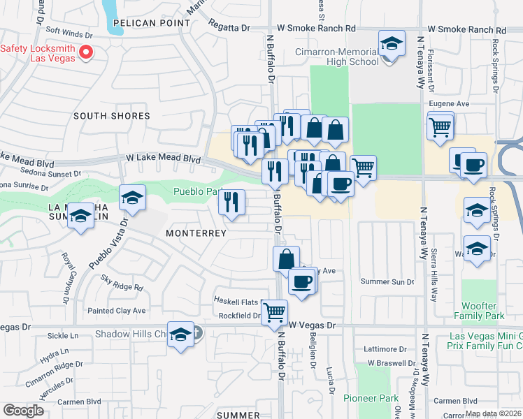 map of restaurants, bars, coffee shops, grocery stores, and more near 7625 Almeria Street in Las Vegas