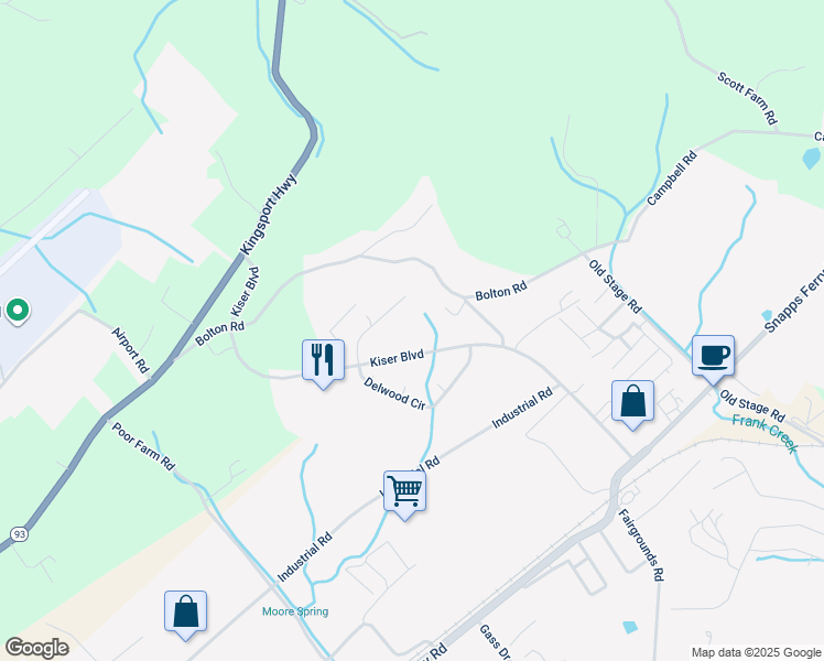 map of restaurants, bars, coffee shops, grocery stores, and more near 1139 Kiser Boulevard in Greeneville