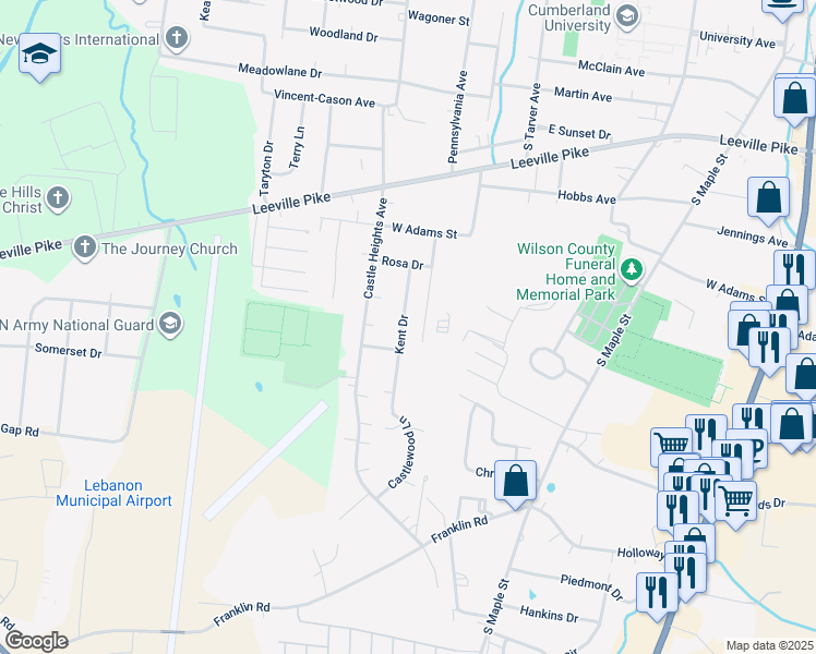 map of restaurants, bars, coffee shops, grocery stores, and more near 718 Kent Drive in Lebanon