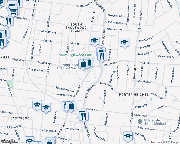 map of restaurants, bars, coffee shops, grocery stores, and more near 201 Porter Village Circle in Nashville
