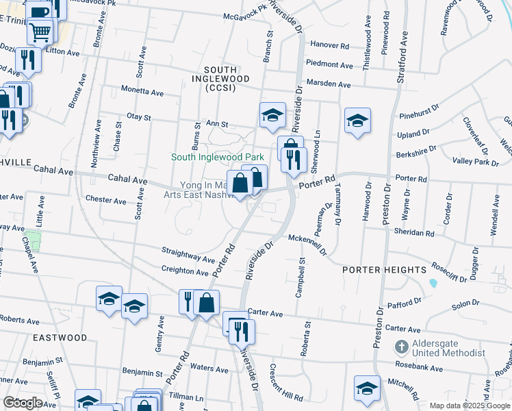 map of restaurants, bars, coffee shops, grocery stores, and more near 201 Porter Village Circle in Nashville
