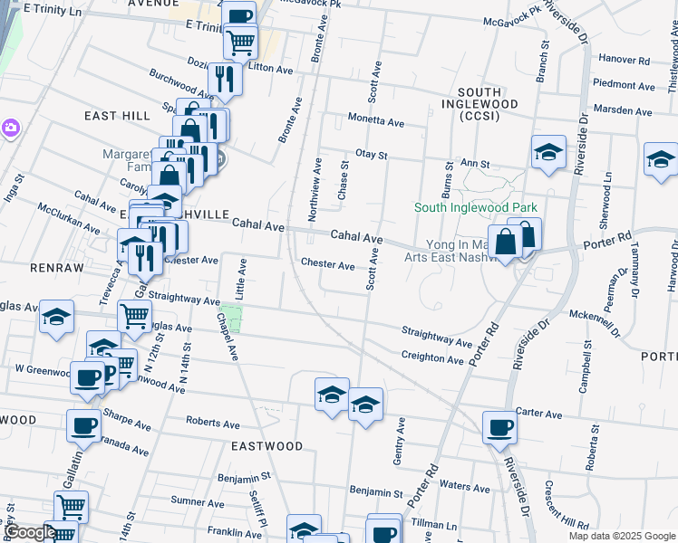 map of restaurants, bars, coffee shops, grocery stores, and more near 1403 Chester Avenue in Nashville