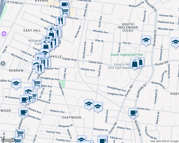 map of restaurants, bars, coffee shops, grocery stores, and more near 1403 Chester Avenue in Nashville