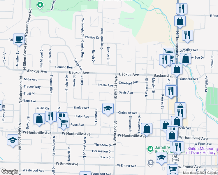 map of restaurants, bars, coffee shops, grocery stores, and more near 1612 Steele Avenue in Springdale