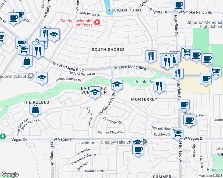 map of restaurants, bars, coffee shops, grocery stores, and more near 1911 Pueblo Vista Drive in Las Vegas