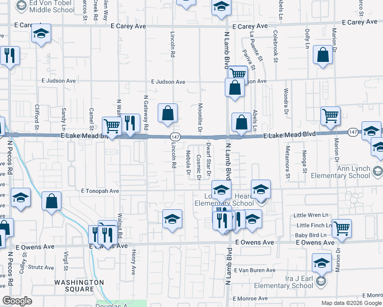 map of restaurants, bars, coffee shops, grocery stores, and more near 1982 Nebula Drive in Las Vegas