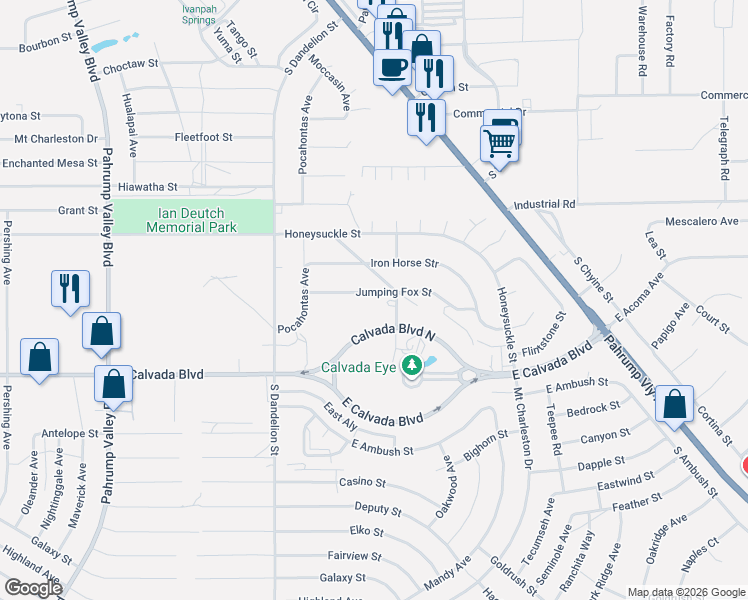 map of restaurants, bars, coffee shops, grocery stores, and more near 2040 Jumping Fox Street in Pahrump