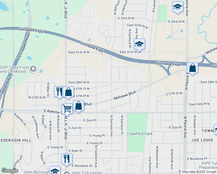 map of restaurants, bars, coffee shops, grocery stores, and more near 608 East 28th Street North in Tulsa
