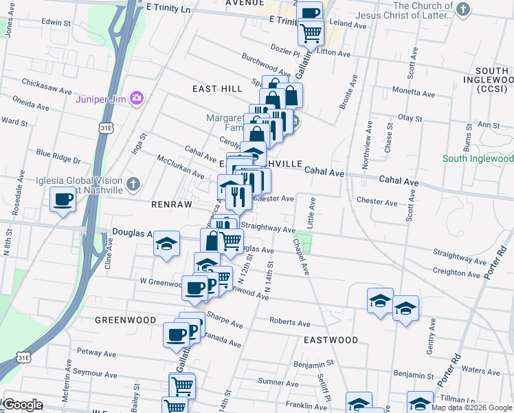 map of restaurants, bars, coffee shops, grocery stores, and more near 1023 Chester Avenue in Nashville