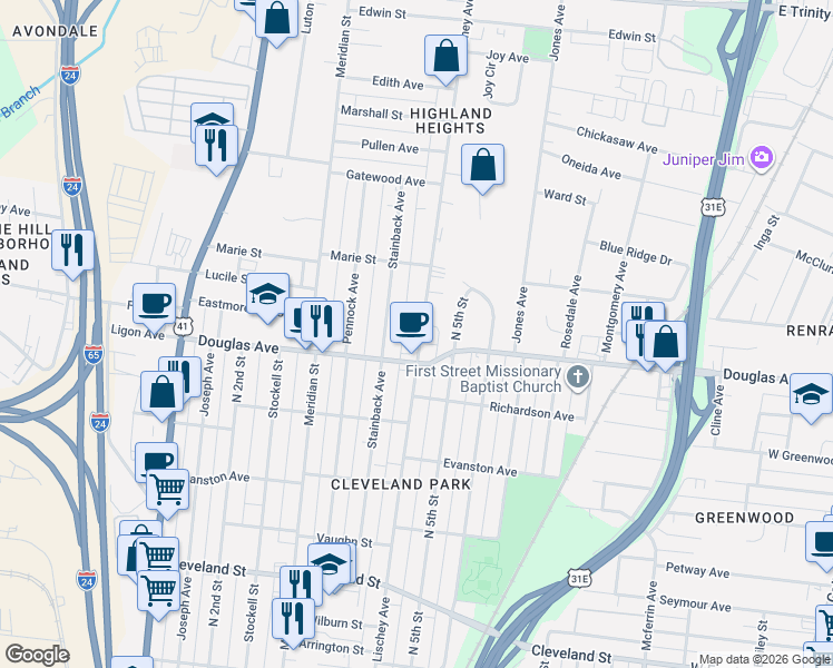 map of restaurants, bars, coffee shops, grocery stores, and more near 1310 Lischey Avenue in Nashville