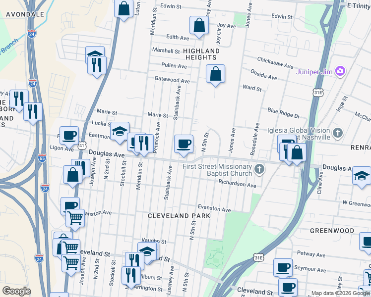 map of restaurants, bars, coffee shops, grocery stores, and more near in Nashville